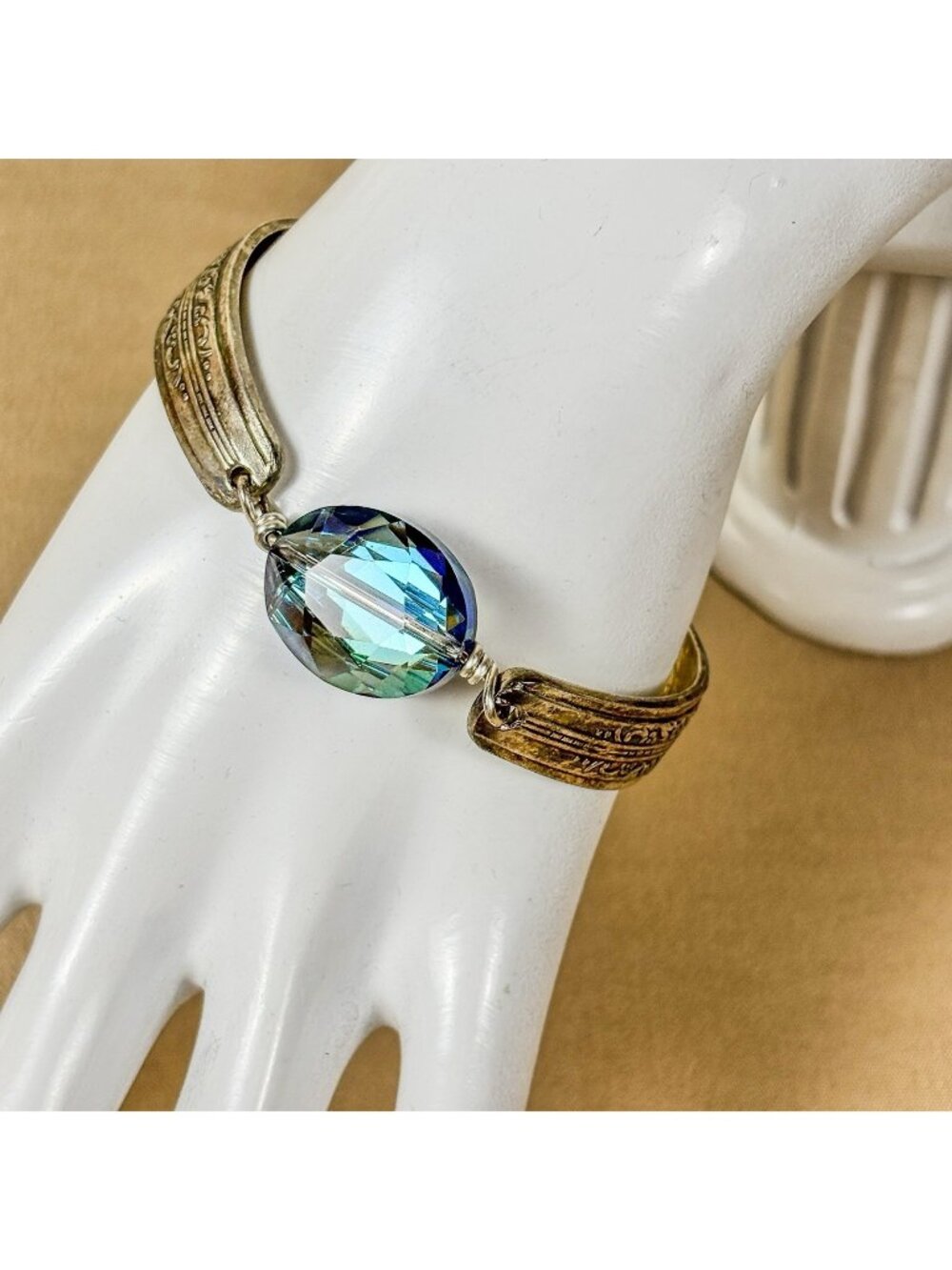 Vintage Handmade Upcycled Spoon Bracelet Blue Faceted Glass Floral 6.5” B114
